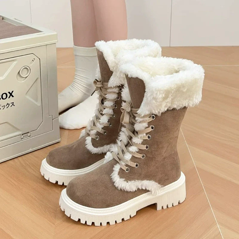 Winter New Women's Velvet Mid-Tube Cotton Boots with Thickened Lining and Height-Enhancing Design