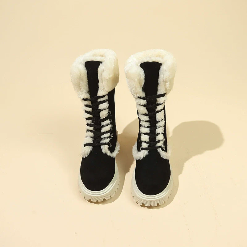 Winter New Women's Velvet Mid-Tube Cotton Boots with Thickened Lining and Height-Enhancing Design
