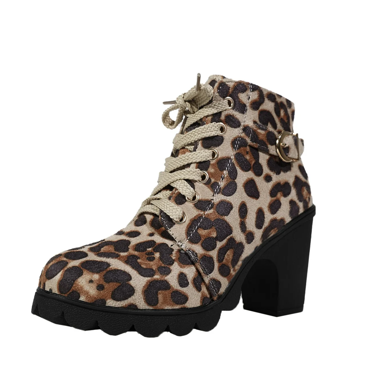 Women's Buckle Decorated Chunky Heel Ankle Boots - Side Zipper & Lace-Up Round Toe Mid-Calf Equestrian Boots