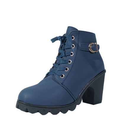 Women's Buckle Decorated Chunky Heel Ankle Boots - Side Zipper & Lace-Up Round Toe Mid-Calf Equestrian Boots
