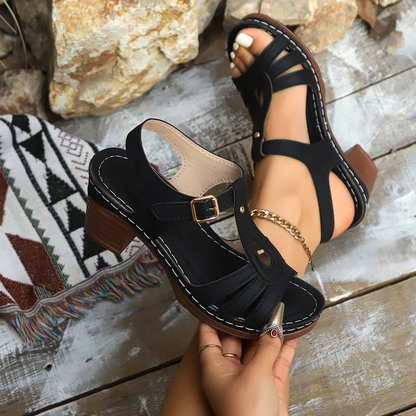 Women’s GraceStep Block Heel Sandals – Peep-Toe Buckle Summer Shoes
