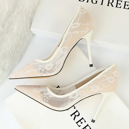 Women’s Valeria Lace Mesh Stiletto Pumps – Pointed-Toe Hollow Elegant Heels