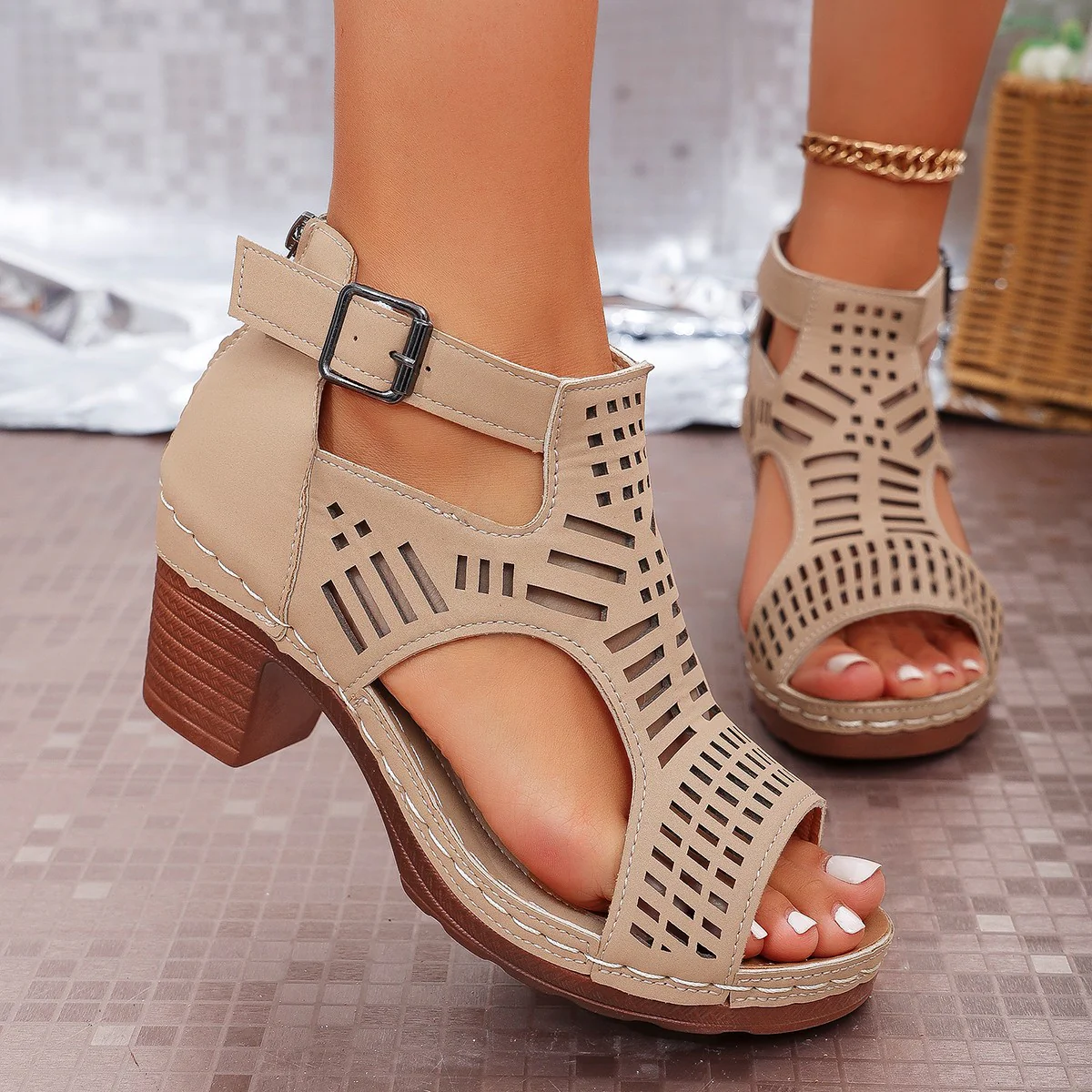 Women’s Cove Buckle Peep-Toe Heels – Cutout Chunky High Heel Sandals
