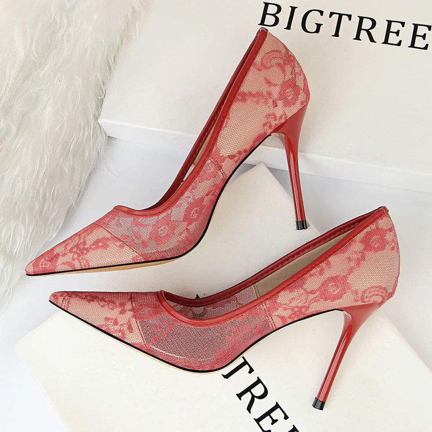 Women’s Valeria Lace Mesh Stiletto Pumps – Pointed-Toe Hollow Elegant Heels