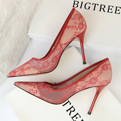 Women’s Valeria Lace Mesh Stiletto Pumps – Pointed-Toe Hollow Elegant Heels