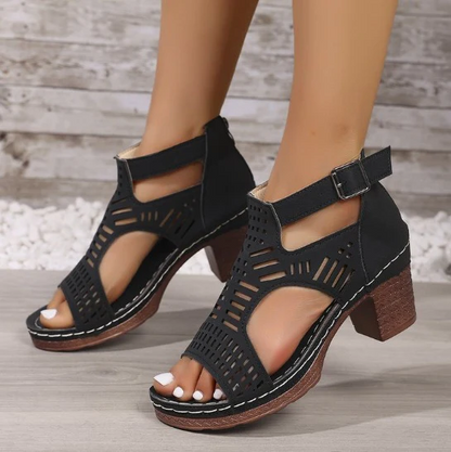 Women’s Cove Buckle Peep-Toe Heels – Cutout Chunky High Heel Sandals