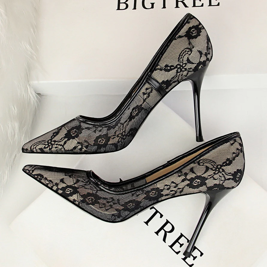 Women’s Valeria Lace Mesh Stiletto Pumps – Pointed-Toe Hollow Elegant Heels
