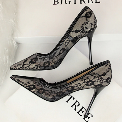 Women’s Valeria Lace Mesh Stiletto Pumps – Pointed-Toe Hollow Elegant Heels