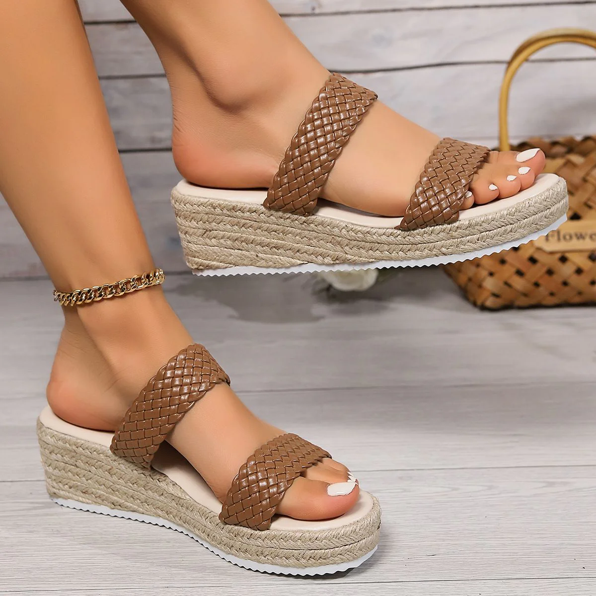 Women’s RetroWeave Wedge Slide Sandals – Braided Platform Summer Slippers