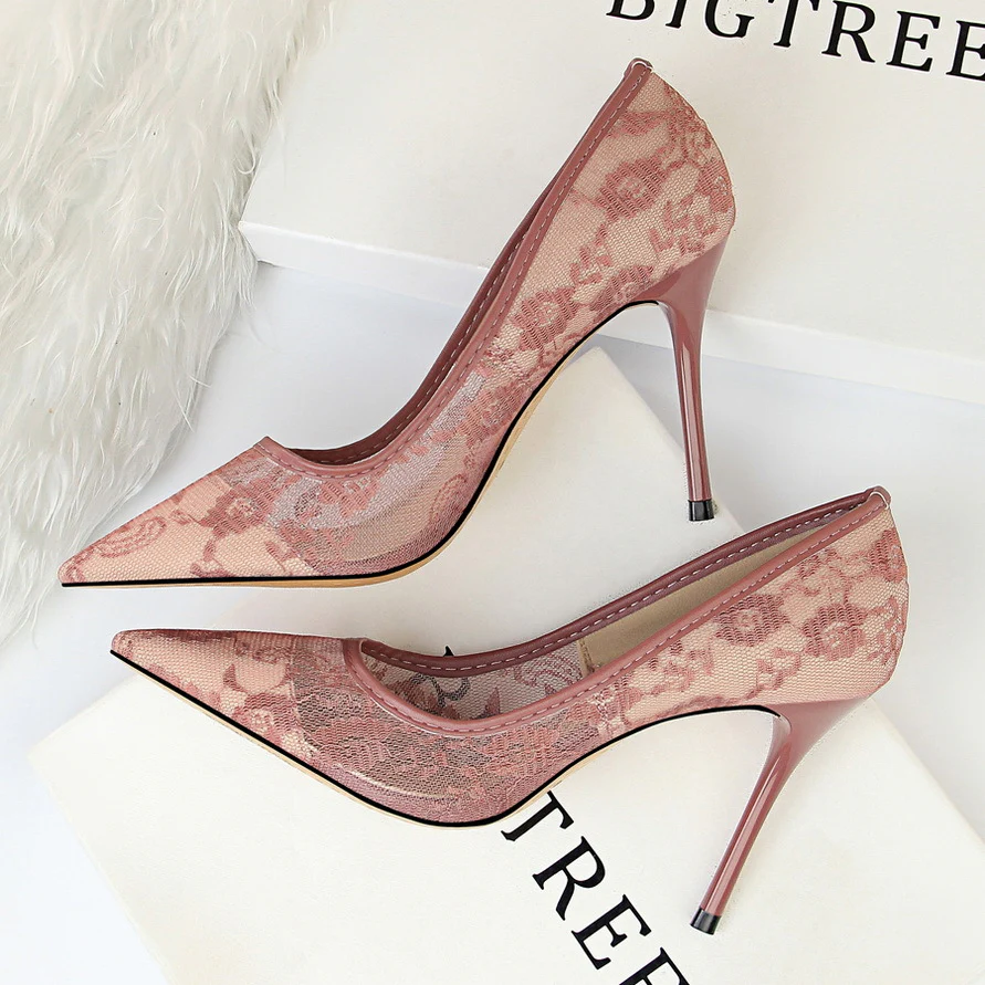 Women’s Valeria Lace Mesh Stiletto Pumps – Pointed-Toe Hollow Elegant Heels