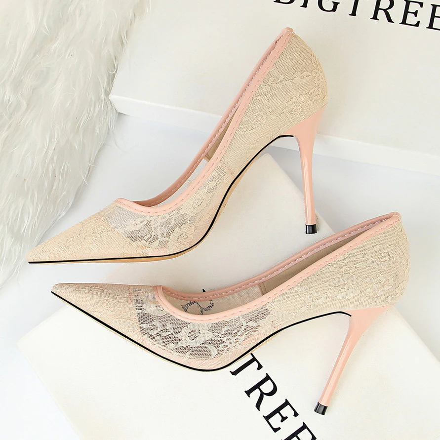 Women’s Valeria Lace Mesh Stiletto Pumps – Pointed-Toe Hollow Elegant Heels
