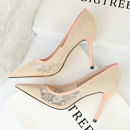 Women’s Valeria Lace Mesh Stiletto Pumps – Pointed-Toe Hollow Elegant Heels