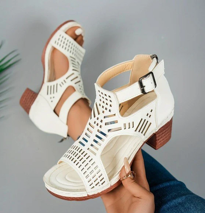 Women’s Cove Buckle Peep-Toe Heels – Cutout Chunky High Heel Sandals