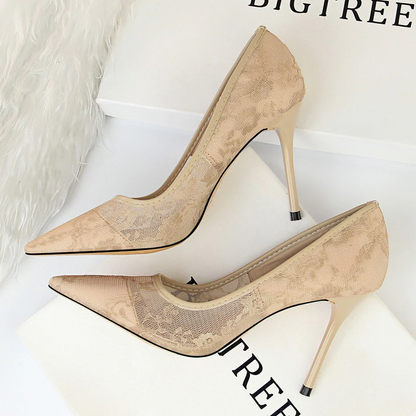 Women’s Valeria Lace Mesh Stiletto Pumps – Pointed-Toe Hollow Elegant Heels