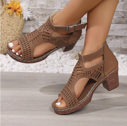 Women’s Cove Buckle Peep-Toe Heels – Cutout Chunky High Heel Sandals